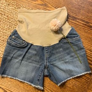 Indigo blue full panel denim maternity jean shorts